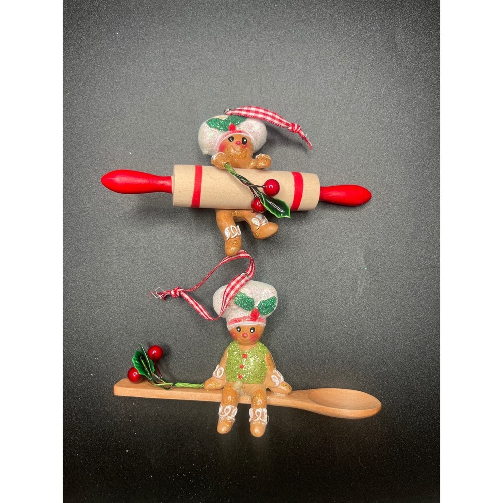 Kurt Adler Gingerbread Men Kitchen Utensil Ornaments Set of 2 Rolling Pin Spoon